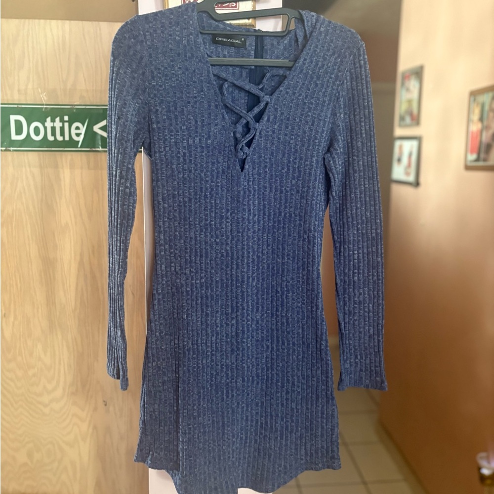 Blue Ribbed Long Sleeve Plunge Dress